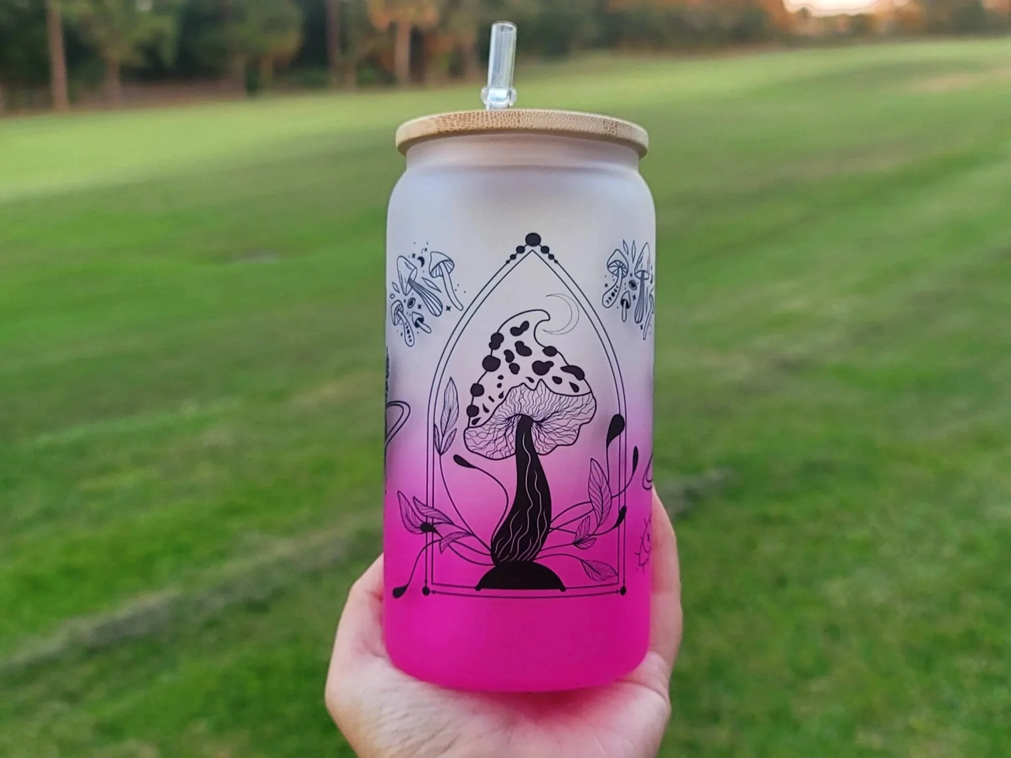 Mushroom Beer Can Glass | Boho Mushroom Coffee Glass | Aesthetic Coffee Glass | 16 oz