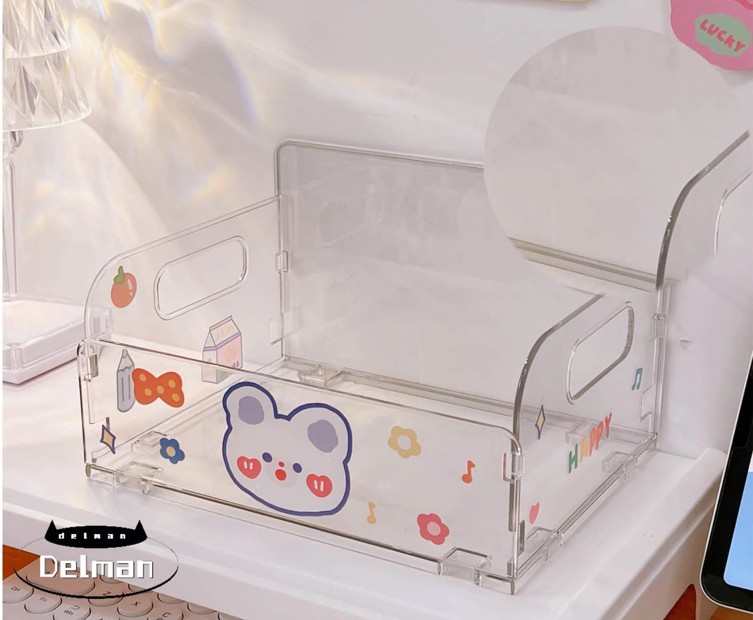 Desk Organizer with Handles Foldable Cute Kawaii Desk Organizer with Stickers for Teen Girls DIY Kawaii Book Holder Vertical School Supplies Organization and Storage (Clear+Stickers)