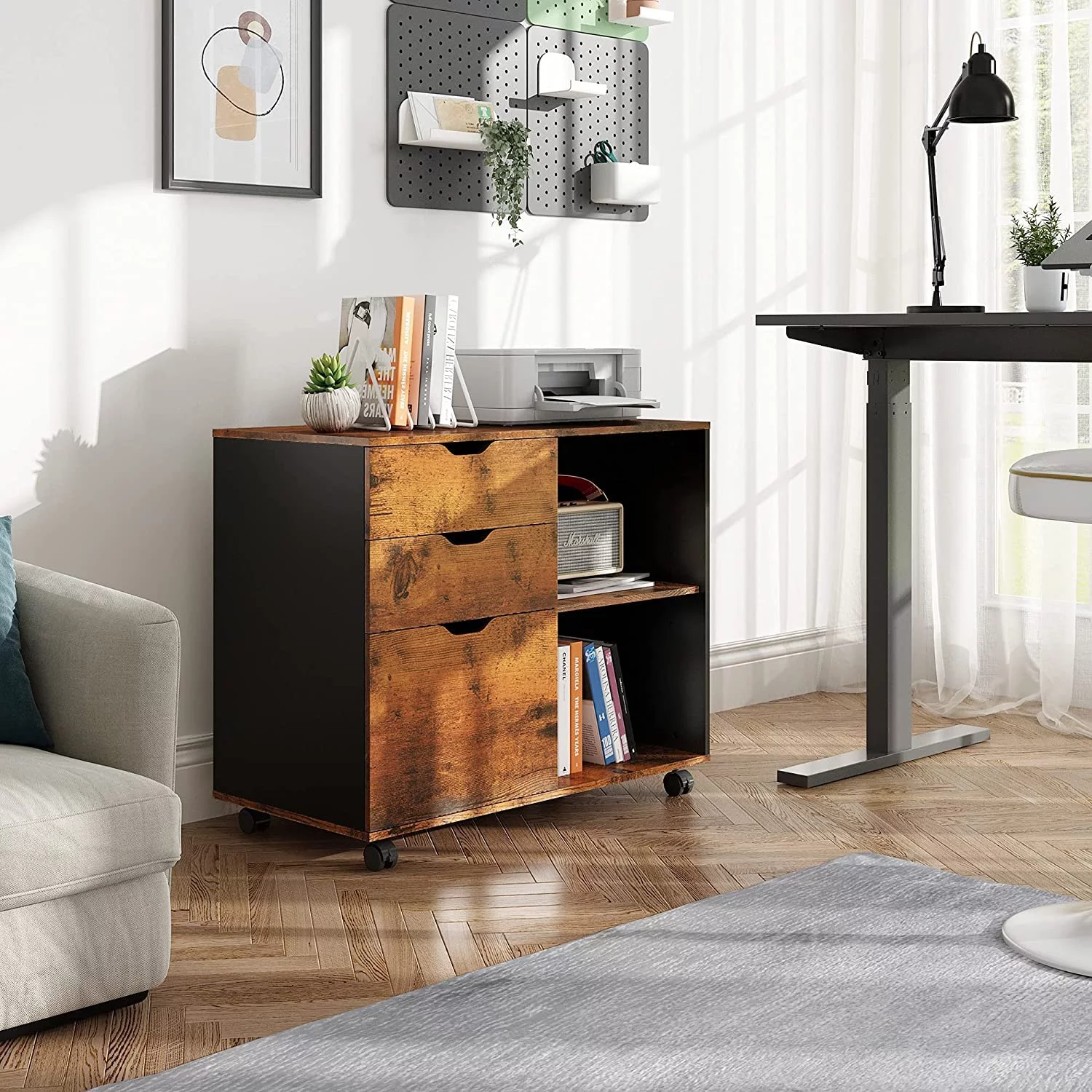 DEVAISE File Cabinet 3 Drawer, Lateral Filing Cabinet on Wheels, Rolling Printer Stand with Open Storage Shelves, Mobile Vertical File Cabinet for Home Office, Rustic Brown