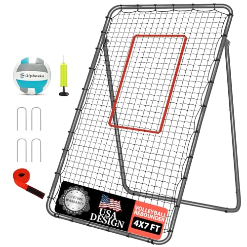 5-Angle Adjustable Volleyball Rebounder Net 7x4ft, Durable & Portable Bounce Back Training Equipment for Practicing Volleying Bumping Spiking with High-Tension Net, PU Volleyball, Pump, Stakes