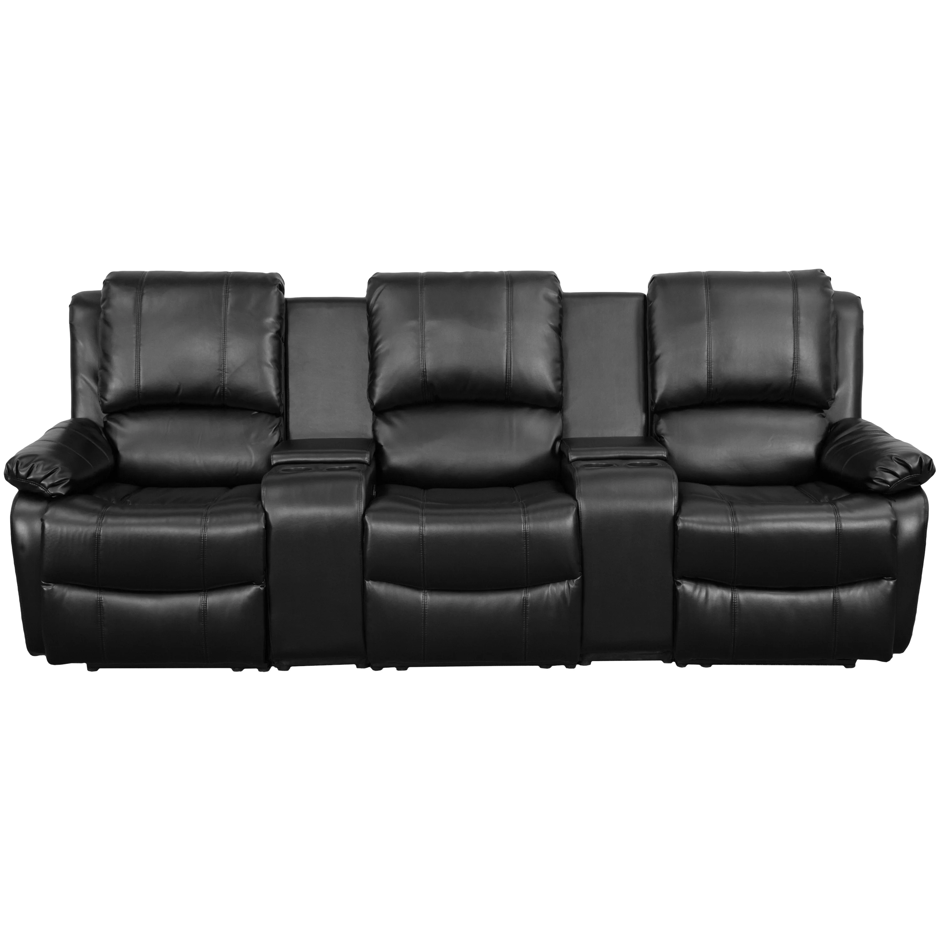 Flash Furniture Allure Series 3-Seat Reclining Pillow Back Black LeatherSoft Theater Seating Unit with Cup Holders