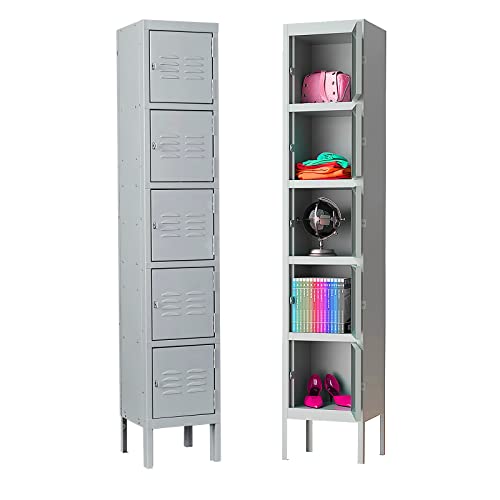 MIIIKO Metal Locker for Employees, 5 Tier Storage Shelves Cabinet, Steel Lockers with 5 Lockable Doors, for School, Home, Office, Changing Room and Gym