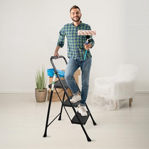 3 Step Ladder, Protable Steel Folding Stool with Wide Anti-Slip Pedal, 500lbs Sturdy Steel Ladder, Black