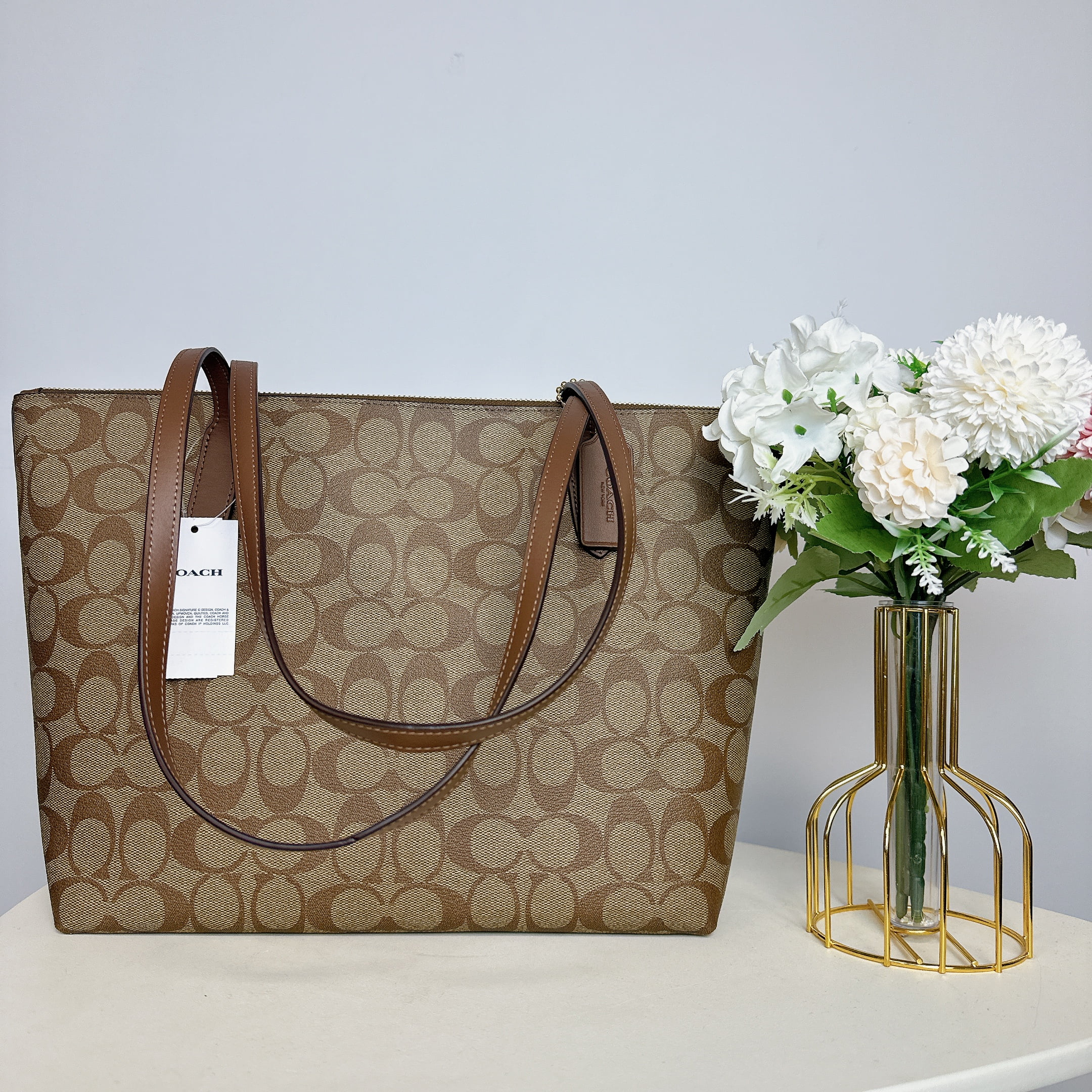 Coach Womens Outline Signature Zip Tote (Khaki Saddle2)