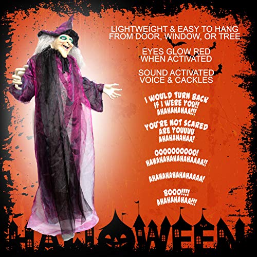 Besti Life Size Hanging Witch Halloween Decor (71 Inches) | Sound & Touch Activated Talking Halloween Decorations | Witch Props Excellent Choice for Haunted House | Indoor & Outdoor Animated Prop