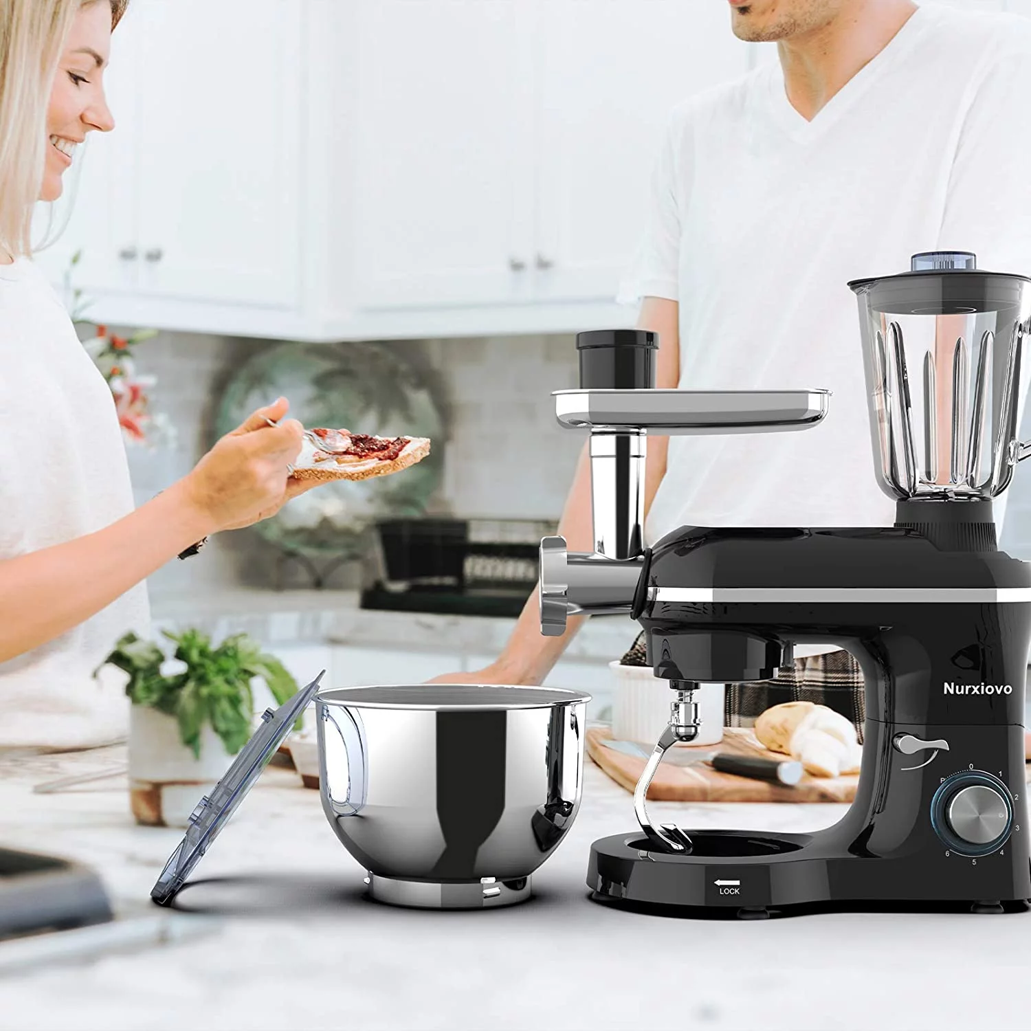 Nurxiovo Stand Mixer 850W 6 Speed Tilt-Head Kitchen Mixer with 6.5QT Mixer with Stainless Steel Bowl, Dough Hook Whisk Beater, Multifunction 3 in 1 Standing Mixers and Juice Extractor Black