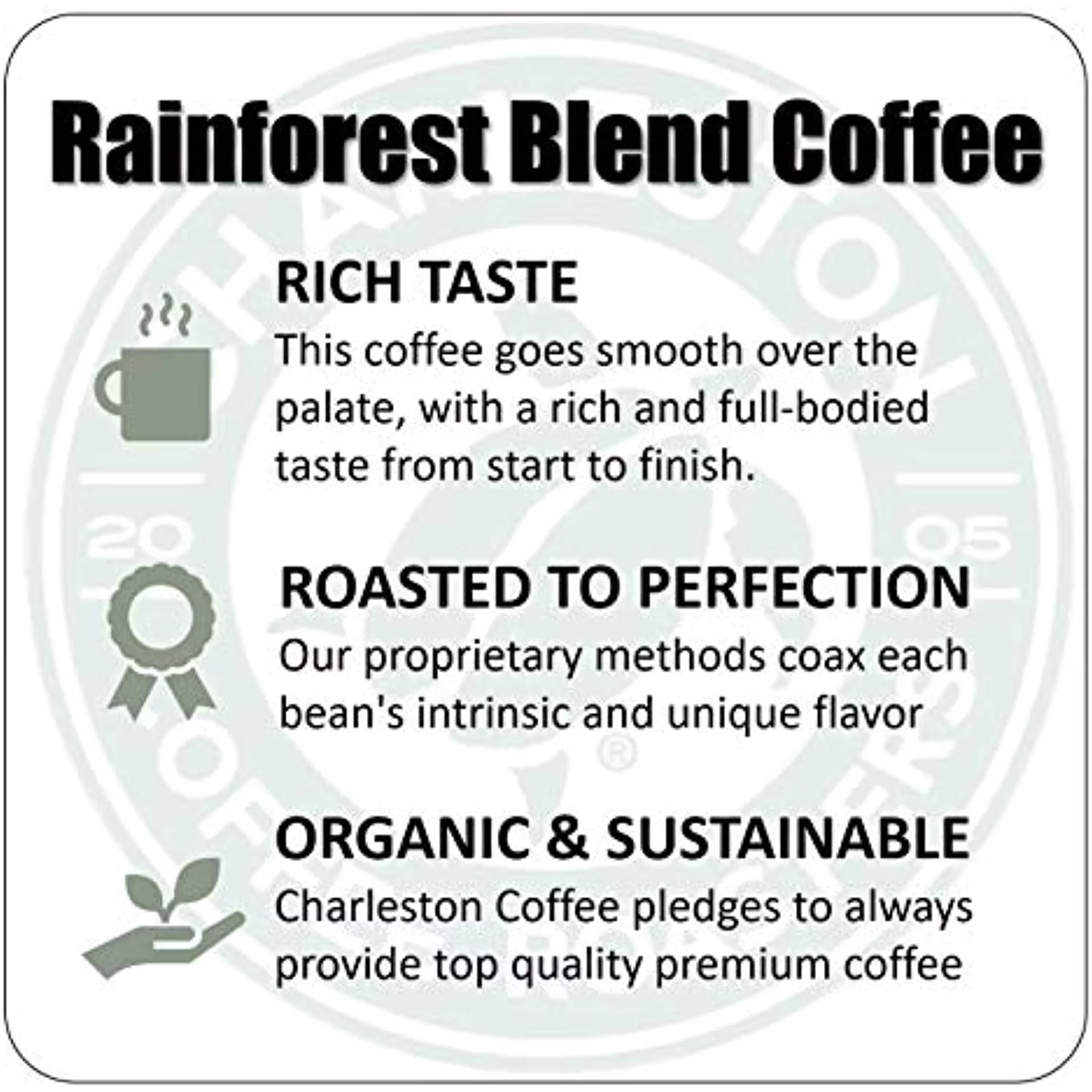 Charleston Coffee Roasters | Specialty Organic Ground Bag | Hand Picked, Premium Slow Roast (Rainforest Blend, Dark Roast) 12Oz
