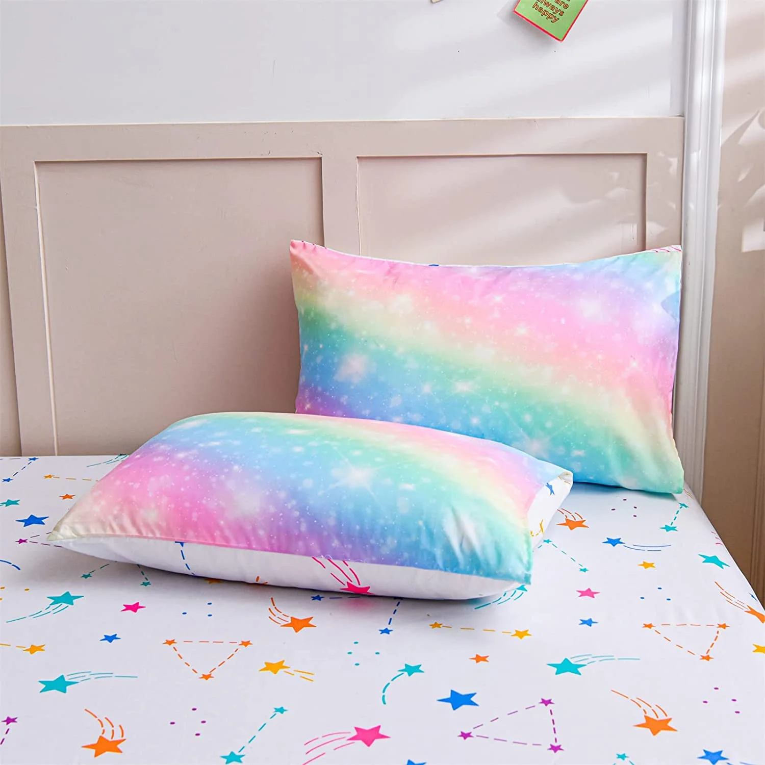NTBED Gradient Glitter Bedding Set for Girls Twin Size Colorful Rainbow Galaxy Comforter Set Pink 6Pcs Bed in a Bag