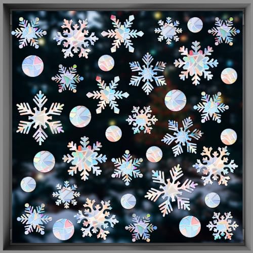 Cholemy 236 Pcs Christmas Winter Snowflake Window Clings for Glass Prismatic Christmas Decor Anti Collision to Save Bird from Window Winter Non-adhesive Rainbow Reusable Clings for Xmas Party