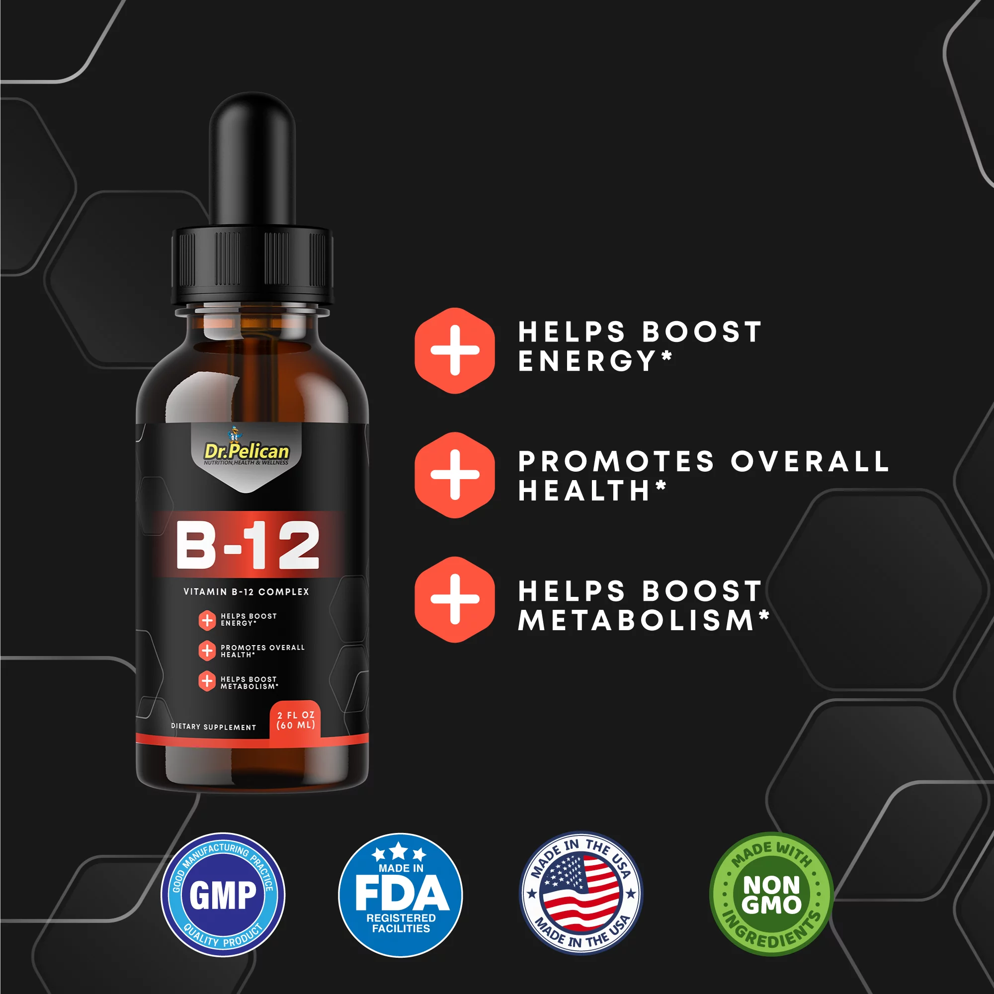 Vitamin B-12 Liquid Drops-Energy/Metabolism-60ml 2fl oz-Dr.Pelican