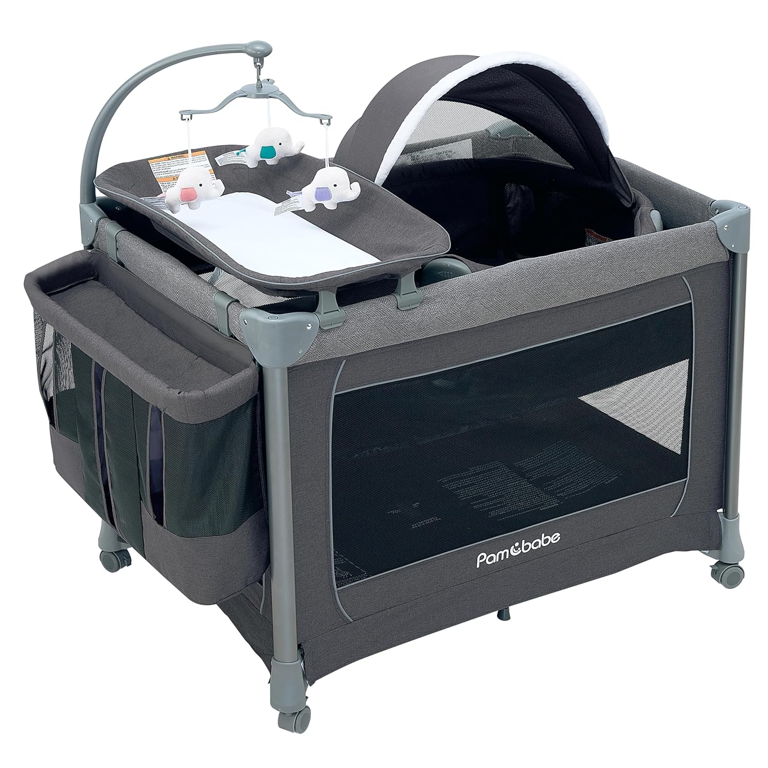 Pamo Babe 4 in 1 Deluxe Nursery Center, Magic Fold Portable Baby Playard with Zipper Gate, Foldable Baby Yard with Changing Table, Detachable Baby Bassinet