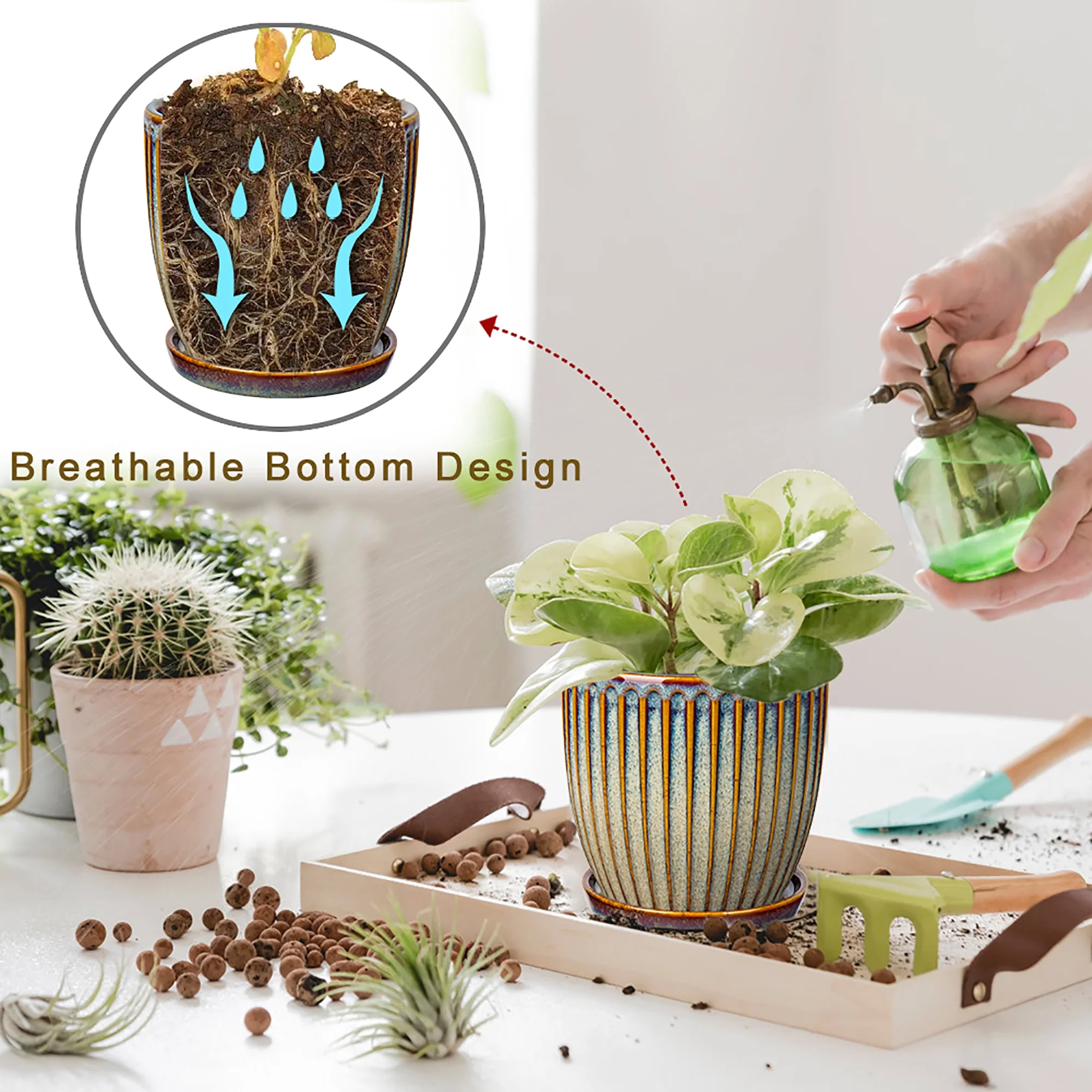 2 Pcs Ceramic Pots 4.9 &5.7 inch Plant Flowers Pots with Saucer and Drainage Holes Brown(Plants are NOT Included)