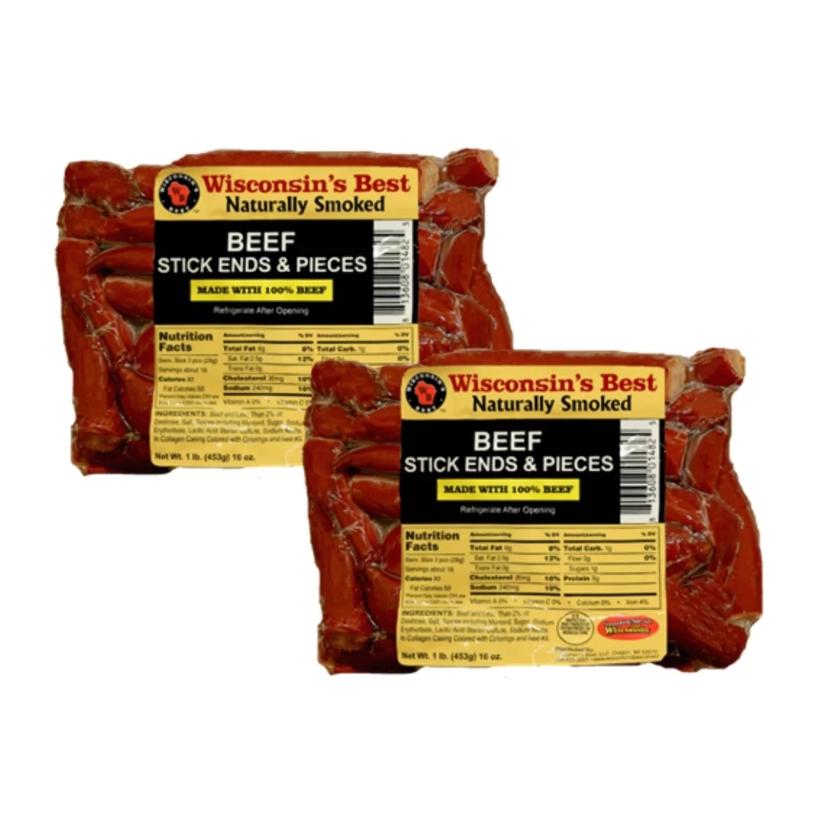 WISCONSIN'S BEST - 100% Beef Snack - Ends and Pieces Stick Pack.  Naturally Smoke Beef Sticks Full of Flavor, High Protein, Low Carb, Keto Friendly, 2 lbs. (2-16 oz. Packages)