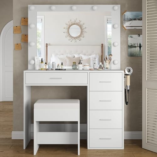 Vanity Desk with Power Outlet, Makeup Vanity with Mirror and 12 LED Lights, 3 Lighting Modes,11 Drawers Vanity Table with Chair, Glass Top, Dressing Table for Bedroom,Dressing Room, White