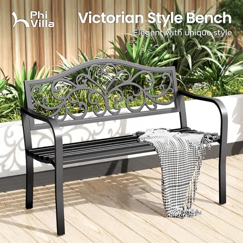PHI VILLA 43 Inch Cast Iron Steel Frame Outdoor Garden Bench, Patio Furniture Chair Bench w/Floral Design Backrest, Slatted Seat for Park, Yard, Porch - Black