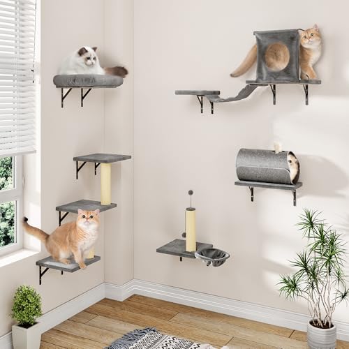 NUNU LAB Wall Mounted Cat Furniture Set - 7 Pcs Climber Set With House, Tunnel, Bridge, Steps, Hammock, Wooden Climbing Wall with Scratching Post - DIY Walls Playground, Indoor Cat Shelves -Light Gray