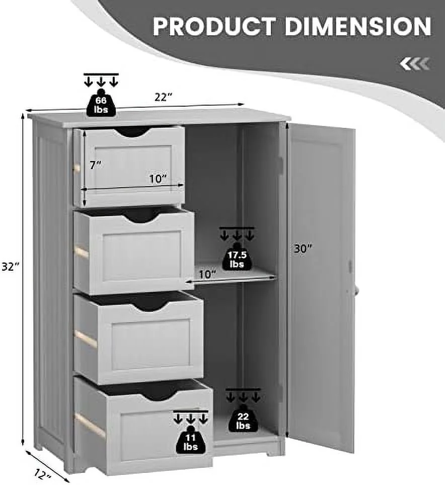 KHBIULIFE Bathroom Floor Cabinet  Side  Organizer Cabinet w/ 1 Cupboard and 4 Drawers  Wooden Free Standing  Cabinet w/Adjustable  in 3 Positions for Living Room  Bathroom  Grey