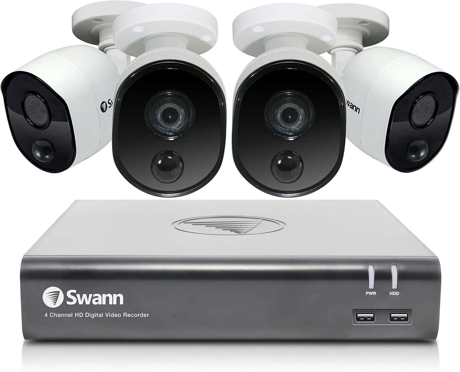 Swann 4 Channel 4 Camera Security System, Wired Surveillance 1080p HD DVR 1TB HDD, Audio Capture, Weatherproof, Color Night Vision, Heat & Motion Sensing Warning Light, Alexa + Google, SWDVK-445804WL