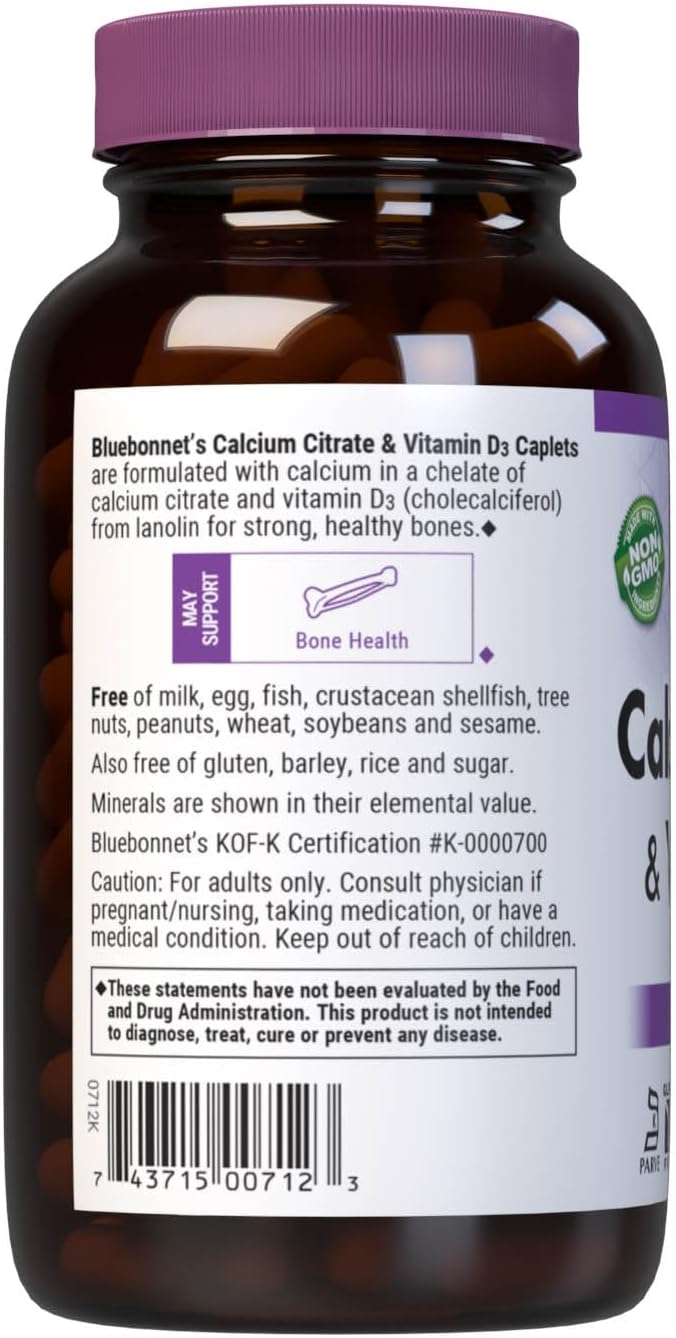 BlueBonnet Calcium Citrate Plus Vitamin D3 Caplets, 180 Count