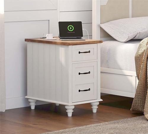 WAMPAT 2 Pack Modern End Table with Charging Station, Side Table with Storage Cabinet for Living Room, Nightstand with Drawer for Bedroom, White/Oak