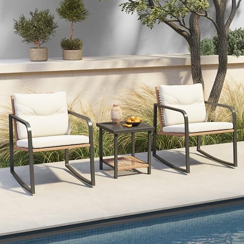 SUNSITT 3 Piece Outdoor Bistro Set, Wicker Patio Rocking Bistro Set w/Weather-Resistant Cushions, Metal Bistro Table & Chairs Set of 2, Woven Rattan Patio Rocking Chairs Set w/Outdoor Coffee Table