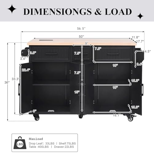 NIOIIKIT 56.5'' Kitchen Island with Drop Leaf, Rolling Trolley Island with Power Outlet (White)