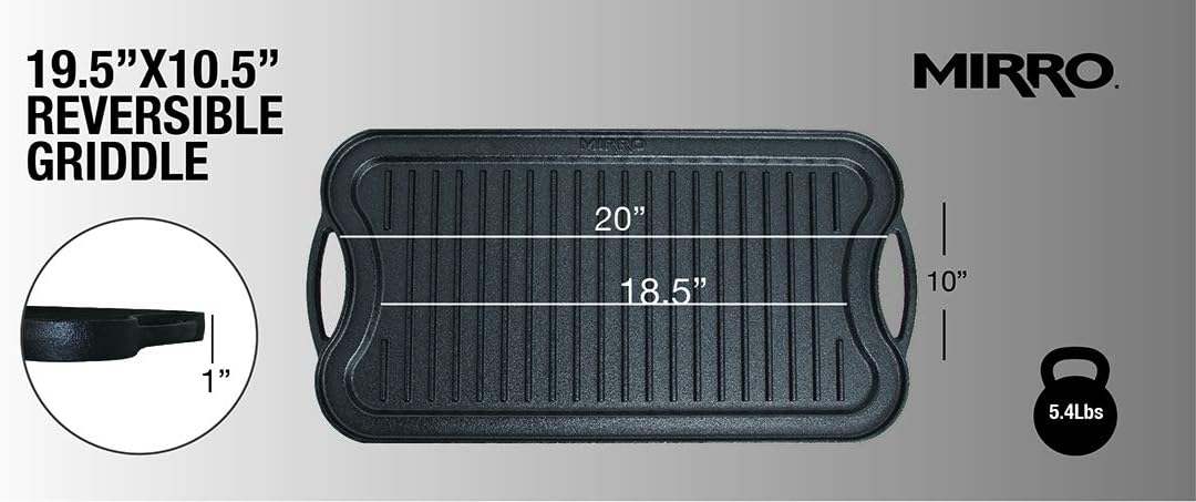 Mirro MIR-19055 Pre-Seasoned Ready to Use Cast Iron Reversible Grill/Griddle with Handles 20 Inch x 10.5 Inch, Black