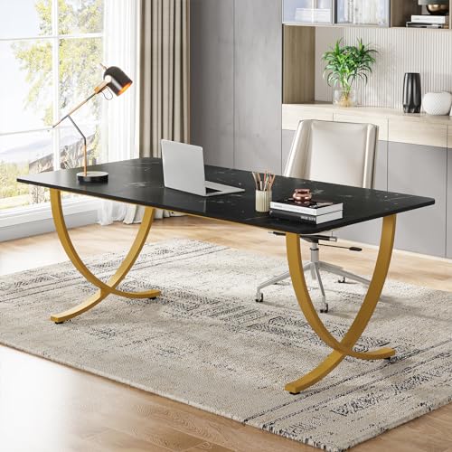 Tribesigns Executive Desk, 63” W x 31.5” D Large Office Desk, Modern Computer Desk Conference Table Meeting Room Table, Business Furniture for Home Office, White and Gold