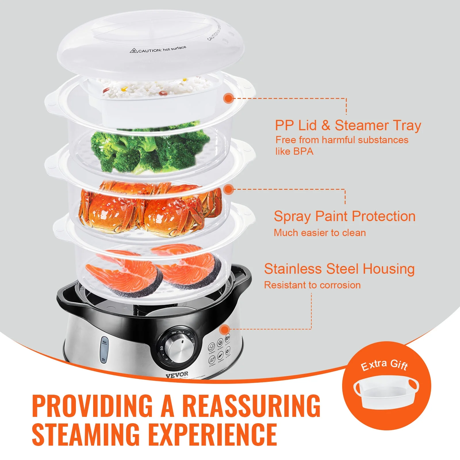 BENTISM 9.5Qt Electric Food Streamer 3-Tier Vegetable Steamer & 60 Min Timer 800W