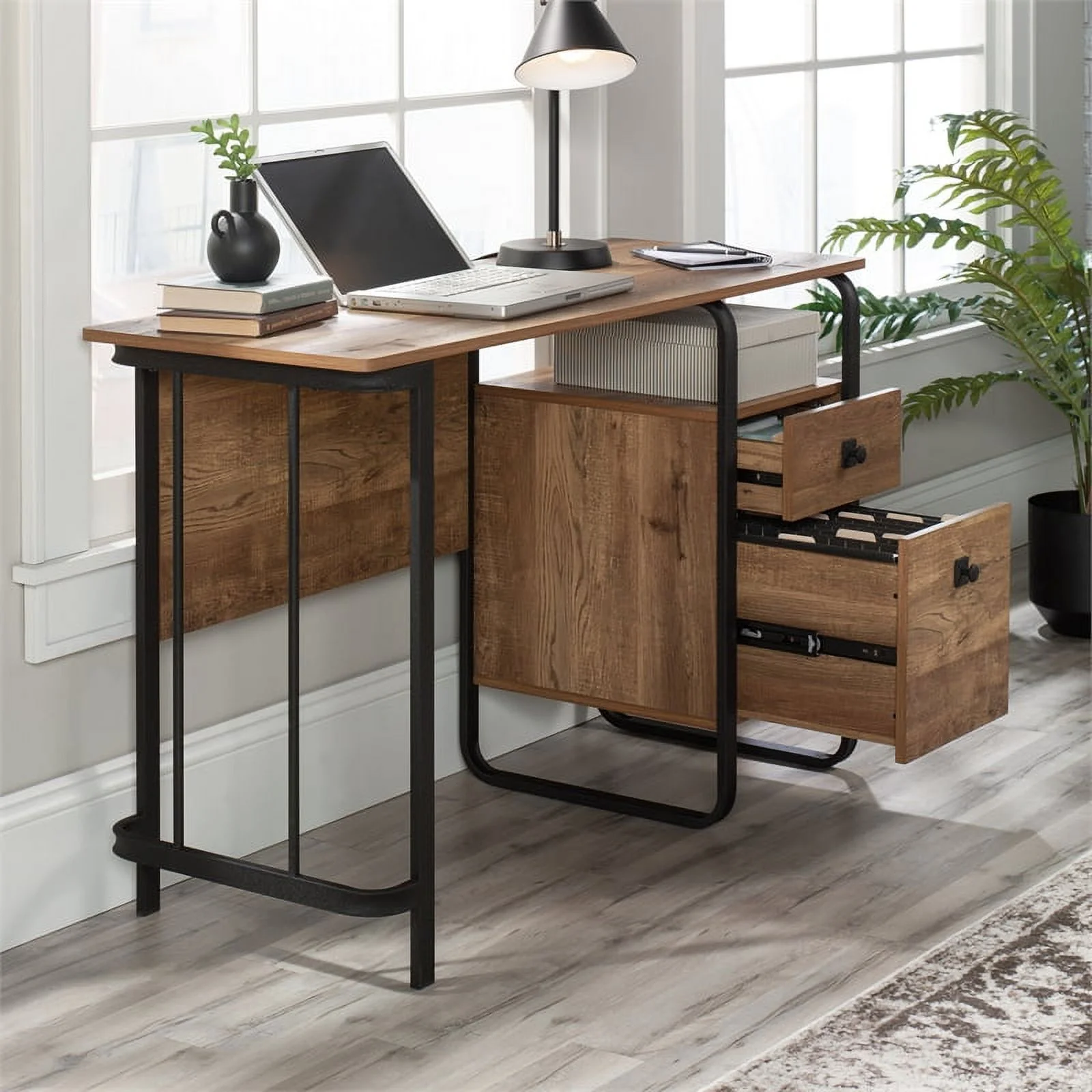 UrbanPro Modern Engineered Wood and Metal Desk in Etched Oak