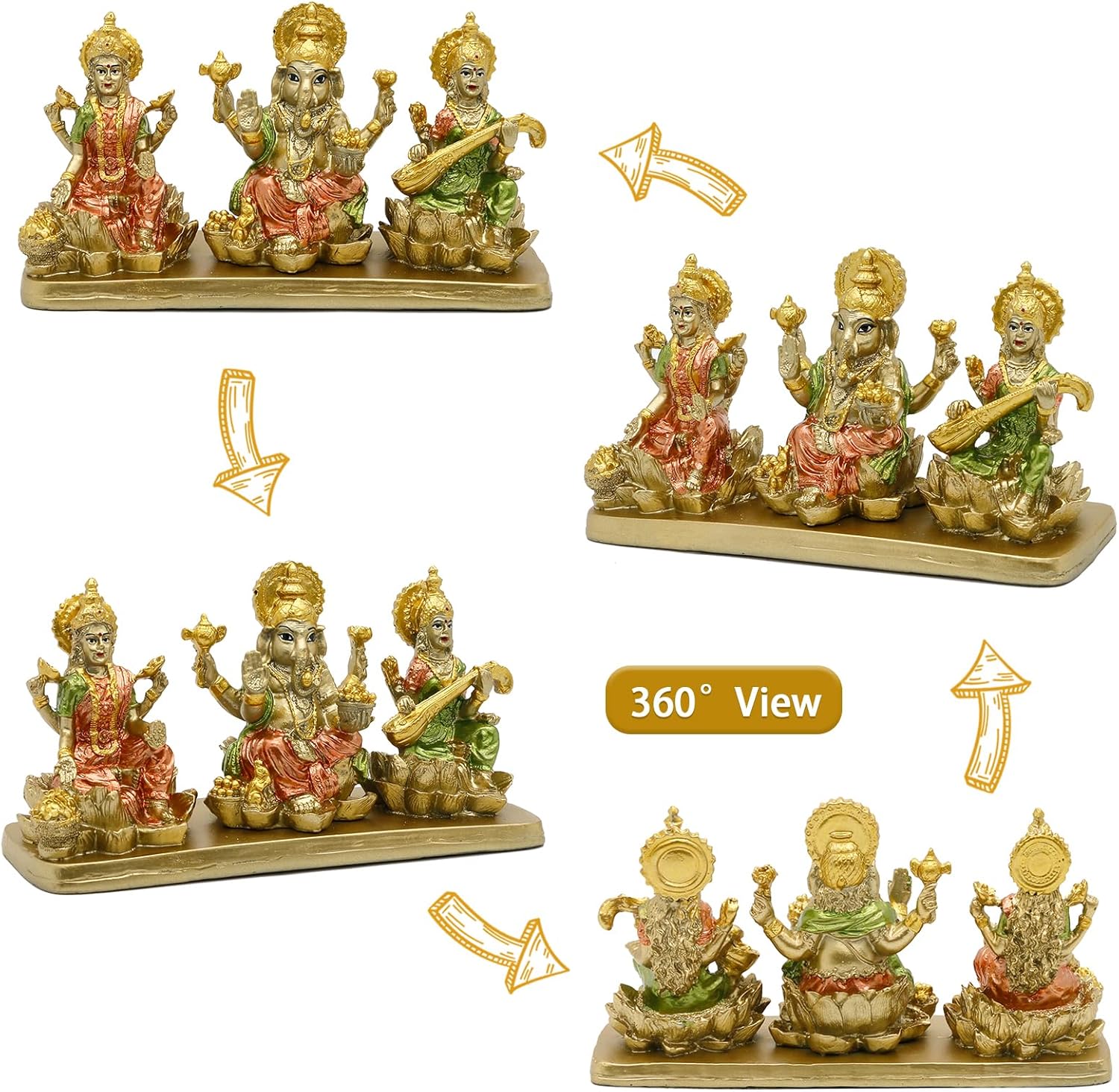 Hindu Lakshmi Ganesha Saraswati Statue - Laxmi Ganesh Idol for Car Dashboard Decor Home Temple Mandir Pooja Item Indian Puja Item Diwali Gift Meditation Yoga Altar Decoration