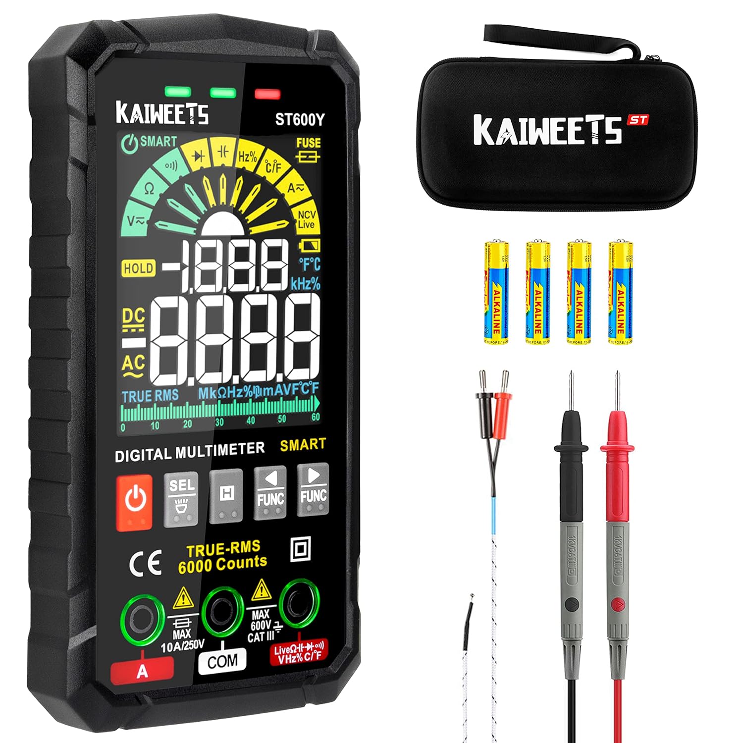 KAIWEETS Digital Multimeter Tester Smart Voltmeter for Electrical Testing & Automotive Circuit NCV Voltage Meter Tests Ohm Amp Temperature Capacitance Frequency Auto Range ST600Y