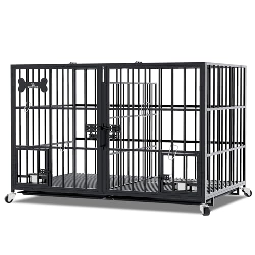 aboxoo 42/48 inch Heavy Duty Metal Dog Crate for 2 Dogs/Large Dog,All Metal Open Top,Dog Kennel Indoor with Wheels,Floor Grid, Tray, Divider and Feeding Bowl (Sliver)