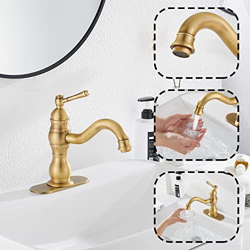 GGStudy 360° Swivel Antique Brass Bathroom Vessel Sink Faucet Single Handle One Hole Matching with Pop Up Drain