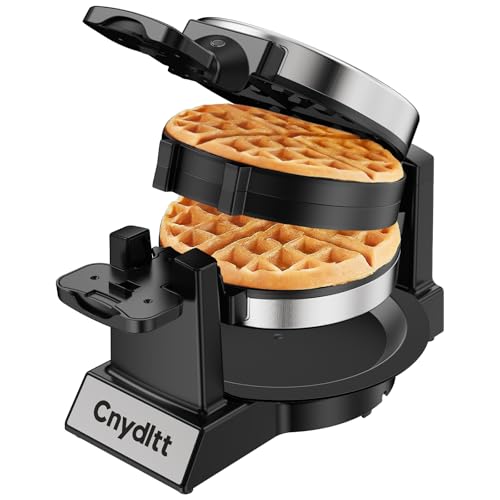 Double Waffle Maker, 1400W Rotating Belgian Waffle Iron with Nonstick Plates, 180° Flip, 8-Slice, Removable Drip Tray, Locking Lid & Cool Touch Handles, Stainless, Black