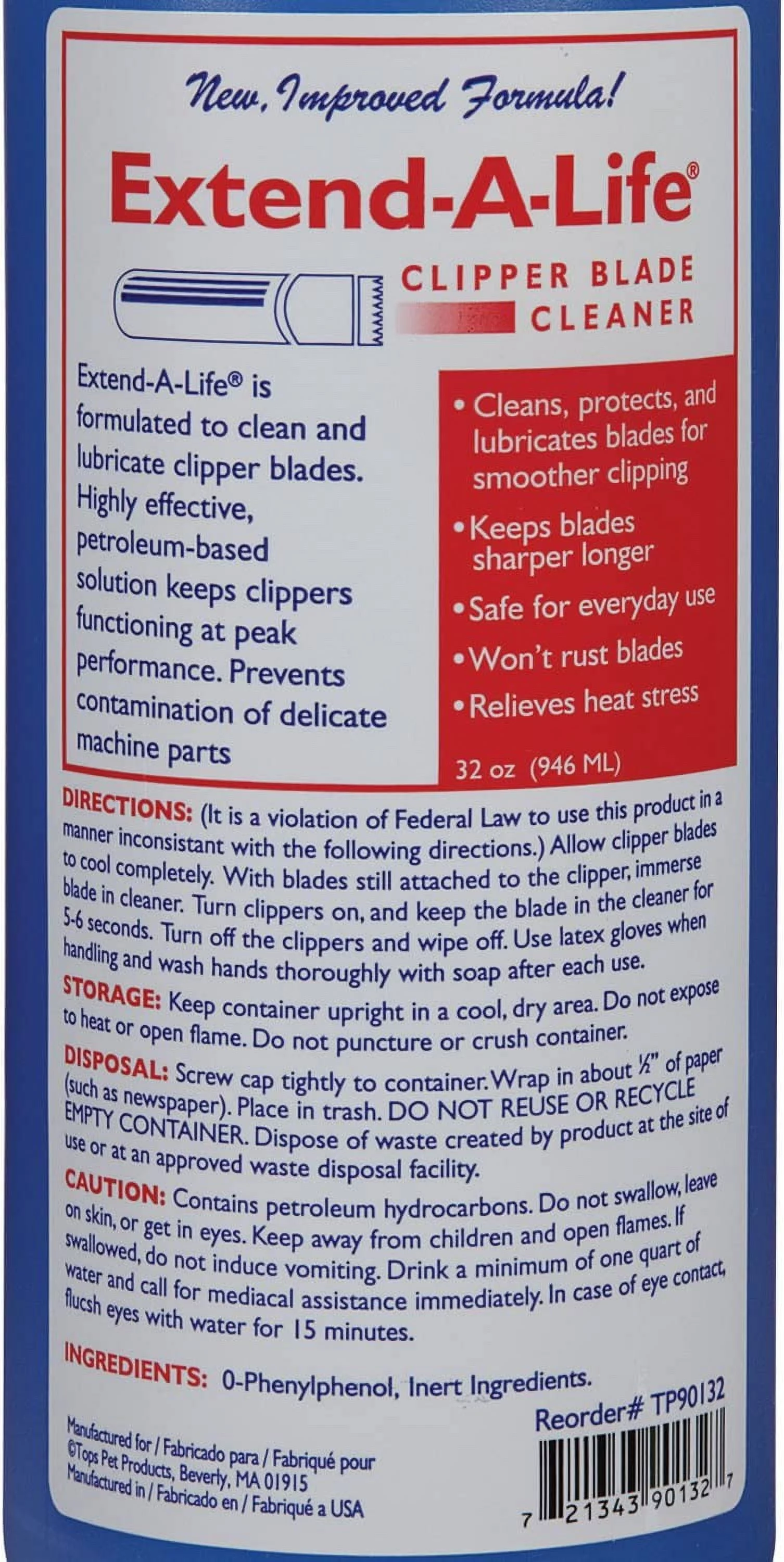 Top Performance Extend-A-Life Blade Rinses — Handy Cleaners for Dog-Grooming Clippers, 32oz