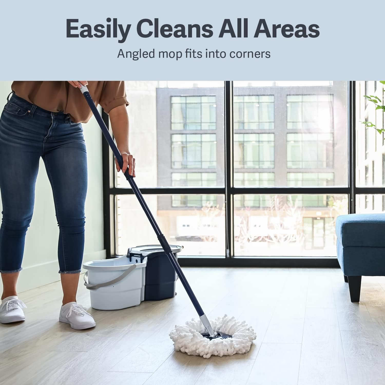 Casabella Clean Water Spin Mop with 2-Bucket System, Spin Mop and Mopping Bucket Set with Refill, Blue/White