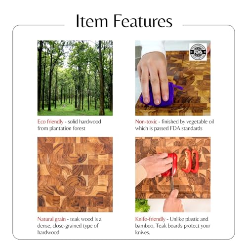 Large End Grain Butcher Block Cutting Board, Thick Teak Wood Cutting Board, Big Reversible Wooden Chopping Serving Board with Juice Groove, 16 x 12 x 1.5 inch