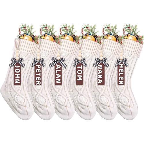 Set of 6 Personalized Christmas Stockings with Wooden Name Tags, 18
