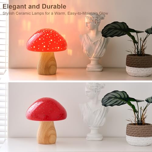 BOHON Mushroom Lamp, Ceramic Bedside Table Lamp for Bedroom Nightstand, Vintage Cute Night Light, Small Lamp for Living Room Kids Desk Home Decor Girls Mother's Day Gifts, LED Bulb Included, Pink
