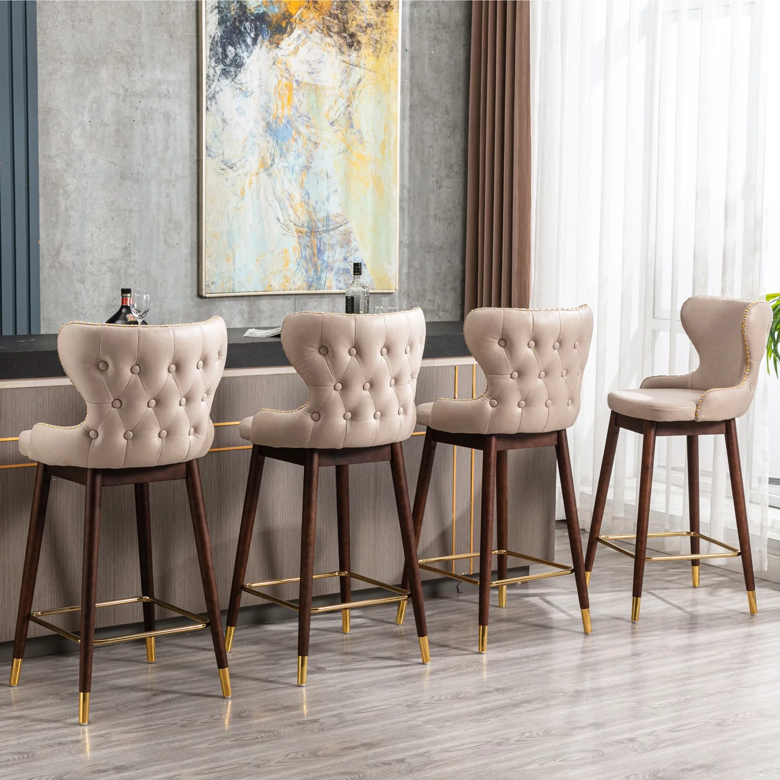 BTMWAY Bar Chairs Set of 2, Modern Upholstered Bar Stools with Gold Nailhead Trim and Solid Wood Legs, Leisure Cushioned Counter Stools with Wing-Back Backrest and Golden Footrest, Beige