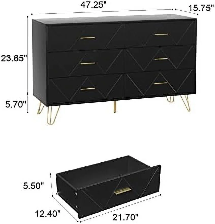 HOOMHIBIU Dresser for Bedroom  6 Drawer Dresser with Sturdy Frame  Wood Rustic Chest for Living Room  Office  Closet (Black)