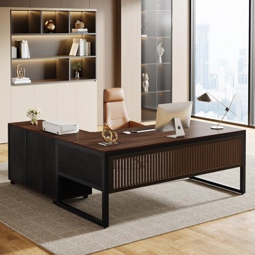 Tribesigns 63-Inch L-Shaped Executive Desk with Mobile File Cabinet, Large Office Computer Desk, Business Furniture Table with Drawers and Storage Shelves for Home Office, Dark Walnut & Black