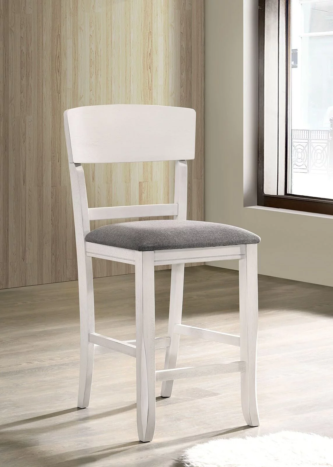 White Solidwood Unique Frame Padded Seat Set of 6 Counter height Chairs Light Gray Fabric Cushion Seat Dining Room Furniture