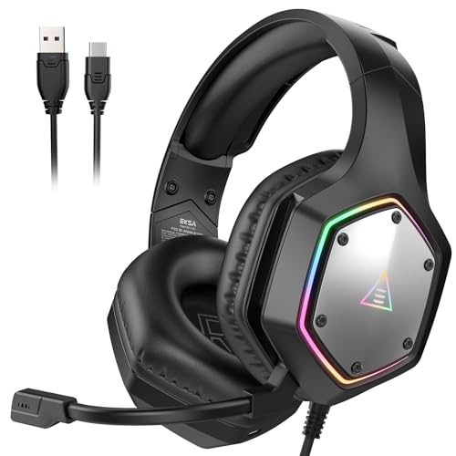 EKSA E1000 Gaming Headset, Computer Headphones with Noise Canceling Mic & RGB Light, 7.1 Surround Sound, Compatible with PC, PS4 PS5 Console, Laptop (Blue)