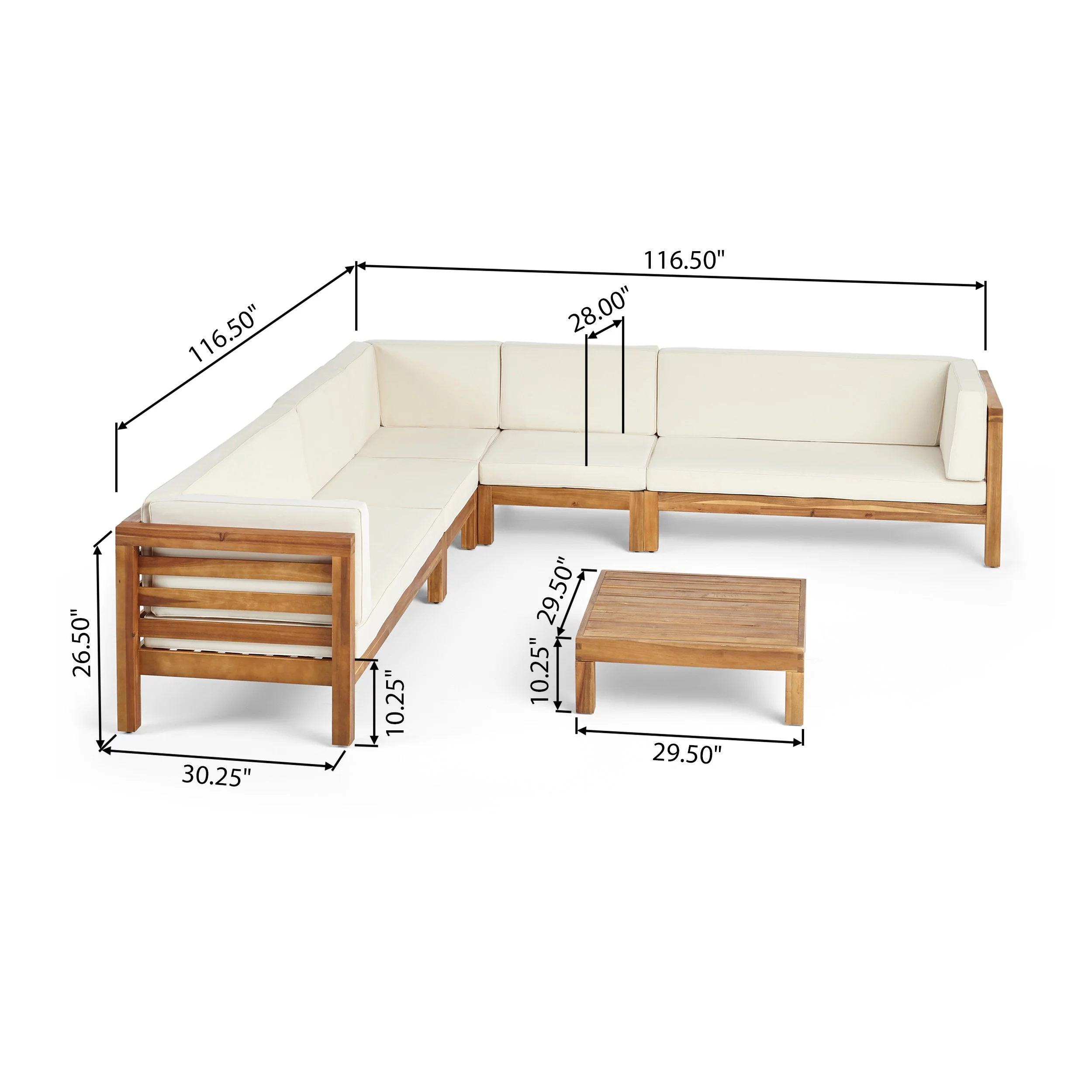 GDF Studio Emma Outdoor 7 Seater Acacia Wood Sectional Sofa Set, Teak and Beige