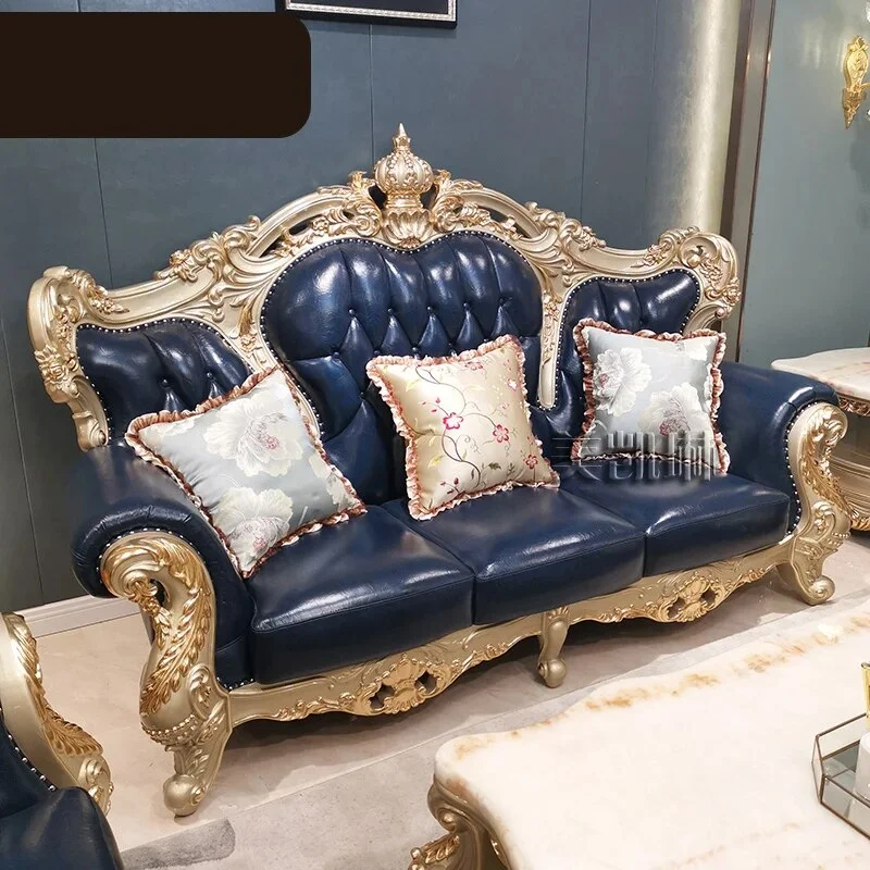 European-style Leather Sofa 123 Combination Luxury Champagne Furniture American All-carved Solid Wood Couches for Living Room