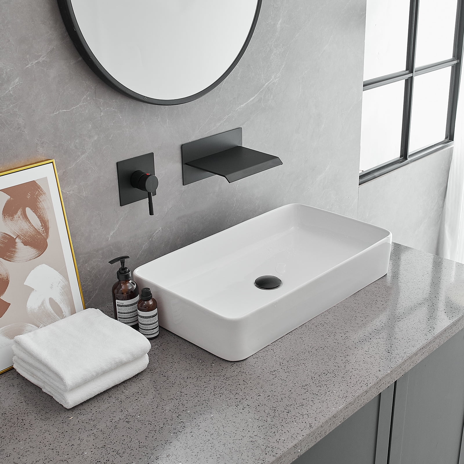 Single Handle Wall Mount Spout Waterfall Bathroom Faucet in Matte Black