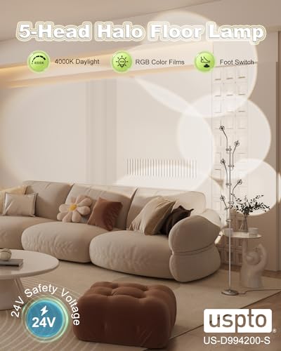 TACAHE RGBW Halo Projector Floor Lamp - 4000K LED with Replaceable Color Filters - Light and Shadow Mood Light - Multi-Head Ambient Decor Lighting for Bedroom, Living Room - 73