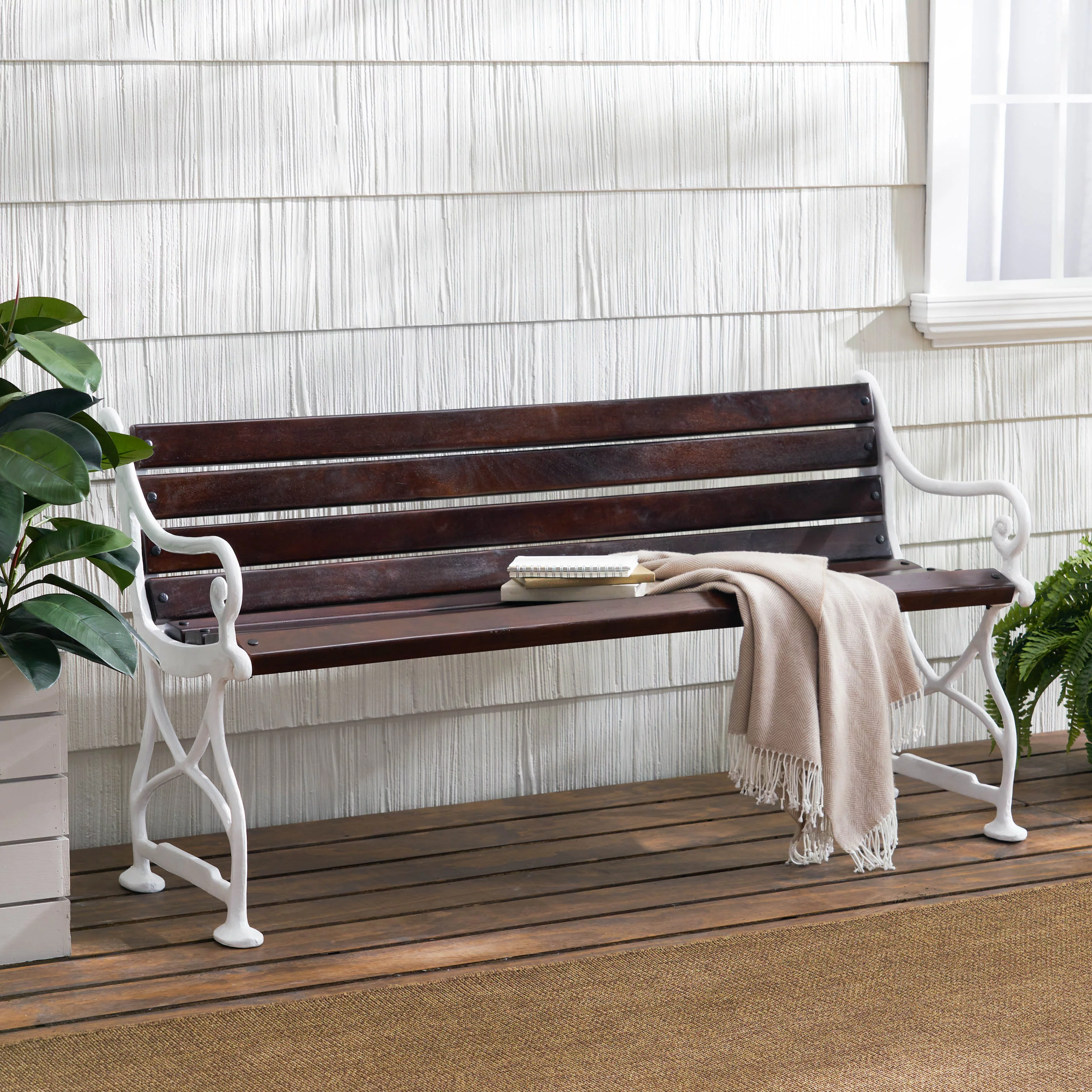 Vandalia Acacia Wood Outdoor Handmade Bench, Rustic Brown and White